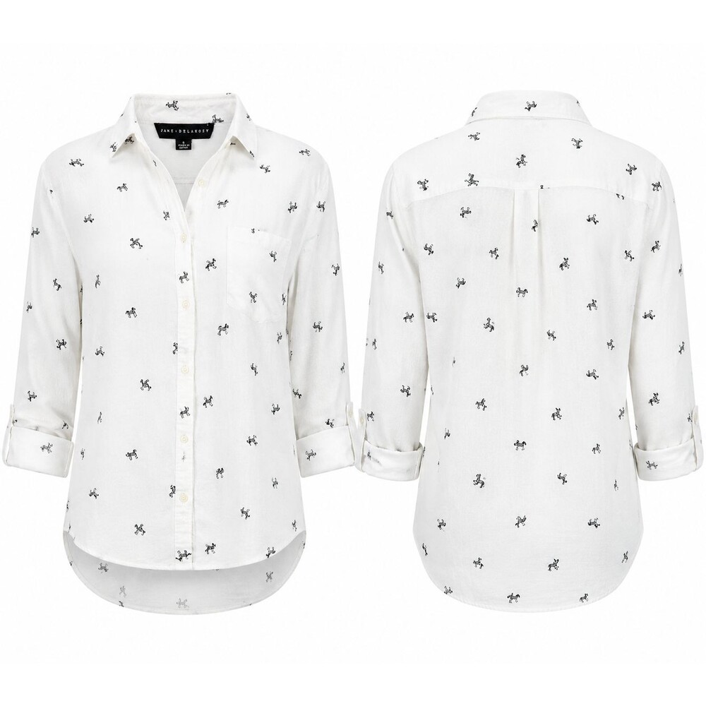 Jane + Delancey White French Bulldog Print Button-Up Blouse Small